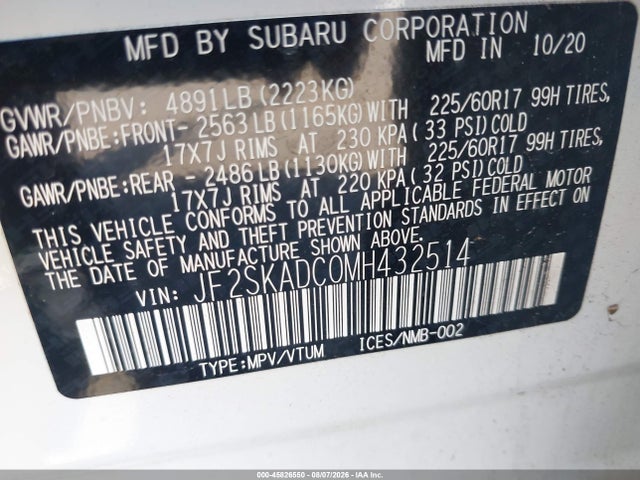 Aukcja sprzedaży 2021 Subaru Forester, vin: JF2SKADC0MH432514, numer aukcji: 45826550