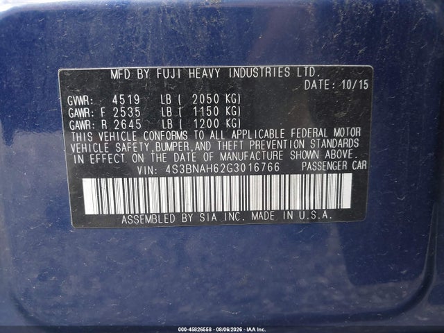 Aukcja sprzedaży 2016 Subaru Legacy 2.5i Premium, vin: 4S3BNAH62G3016766, numer aukcji: 45826558