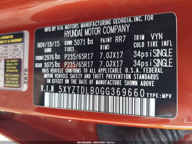 Aukcja sprzedaży 2016 Hyundai Santa Fe Sport, vin: 5XYZTDLB0GG369660, numer aukcji: 45826565