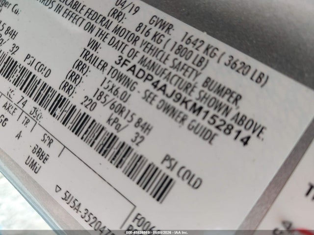 45826569 :رقم المزاد ، 3FADP4AJ9KM152814 vin ، 2019 Ford Fiesta S مزاد بيع