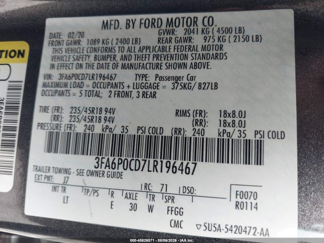 45826571 :رقم المزاد ، 3FA6P0CD7LR196467 vin ، 2020 Ford Fusion Sel مزاد بيع