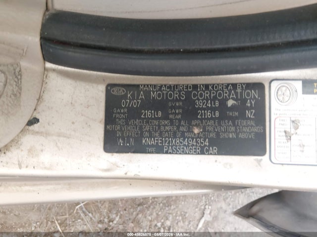 Aukcja sprzedaży 2008 Kia Spectra Ex, vin: KNAFE121X85494354, numer aukcji: 45826575