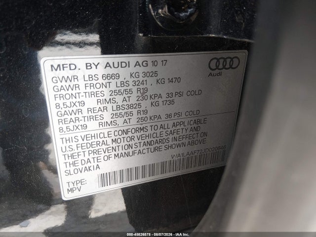Aukcja sprzedaży 2018 Audi Q7 3.0t Premium, vin: WA1LAAF72JD020646, numer aukcji: 45826578
