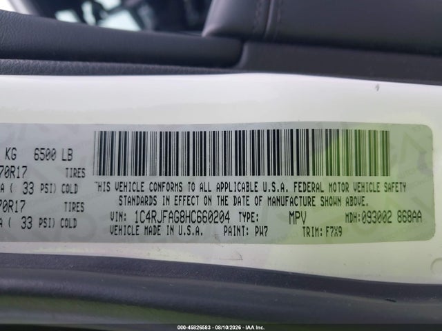 45826583 :رقم المزاد ، 1C4RJFAG8HC660204 vin ، 2017 Jeep Grand Cherokee Laredo مزاد بيع