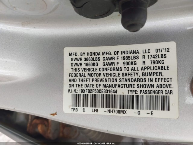 Продаж на аукціоні авто 2012 Honda Civic Lx, vin: 19XFB2F50CE331644, номер лоту: 45826584