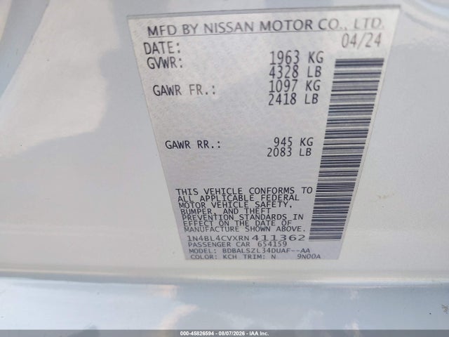 Продажа на аукционе авто 2024 Nissan Altima Sr Fwd, vin: 1N4BL4CVXRN411362, номер лота: 45826594