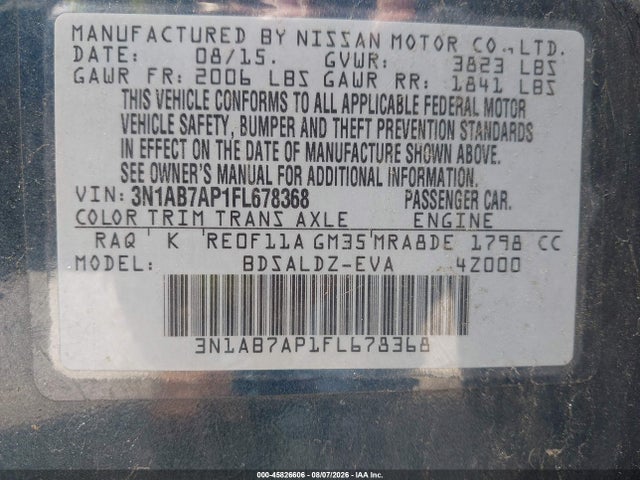 45826606 :رقم المزاد ، 3N1AB7AP1FL678368 vin ، 2015 Nissan Sentra Sv مزاد بيع