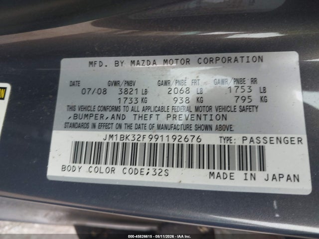 45826615 :رقم المزاد ، JM1BK32F991192676 vin ، 2009 Mazda Mazda3 I مزاد بيع
