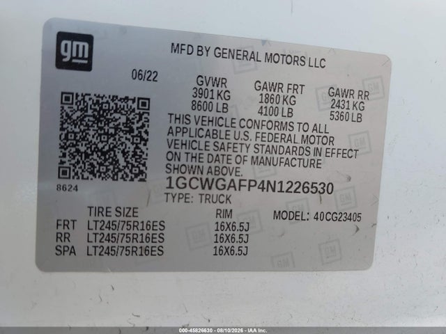 1GCWGAFP4N1226530 Chevrolet Express Cargo Rwd 2500 Regular Wheelbase Wt