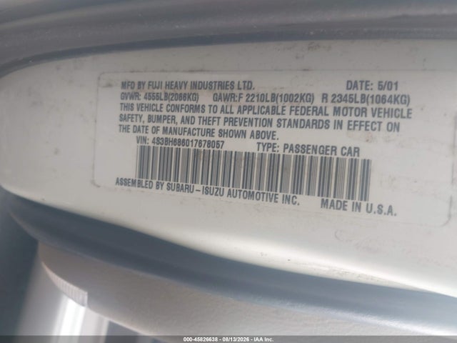 45826638 :رقم المزاد ، 4S3BH686017678057 vin ، 2001 Subaru Outback Limited مزاد بيع