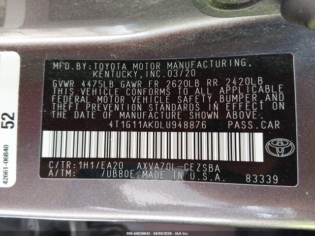 Продаж на аукціоні авто 2020 Toyota Camry Se, vin: 4T1G11AK0LU948876, номер лоту: 45826642