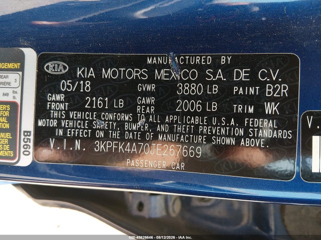 Продаж на аукціоні авто 2018 Kia Forte Lx, vin: 3KPFK4A70JE267669, номер лоту: 45826646