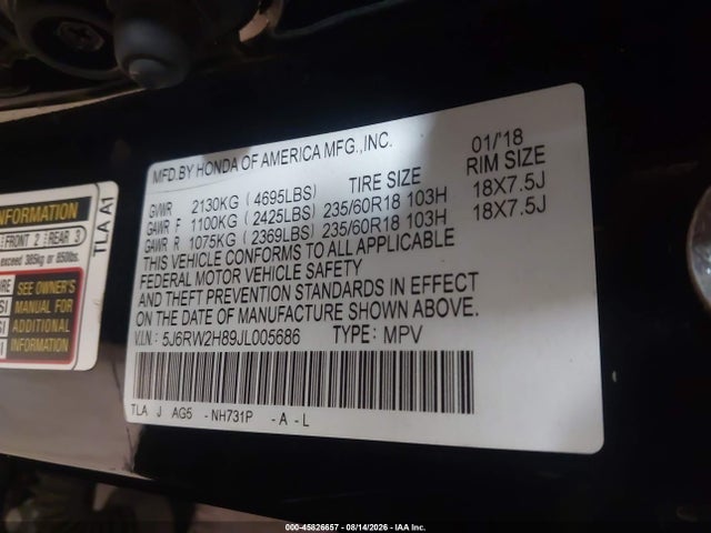 Продажа на аукционе авто 2018 Honda Cr-v Ex-l/ex-l Navi, vin: 5J6RW2H89JL005686, номер лота: 45826657