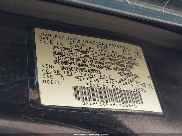45826664 :رقم المزاد ، 3N1BC1CP8BL428826 vin ، 2011 Nissan Versa 1.8s مزاد بيع