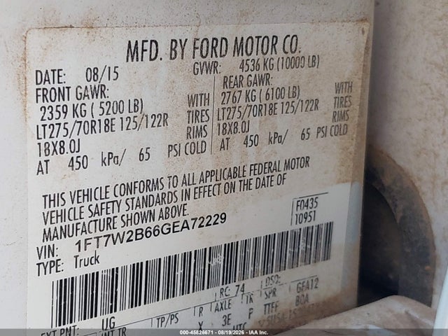 2016 Ford F-250 Lariat მანქანა იყიდება აუქციონზე, vin: 1FT7W2B66GEA72229, აუქციონის ნომერი: 45826671