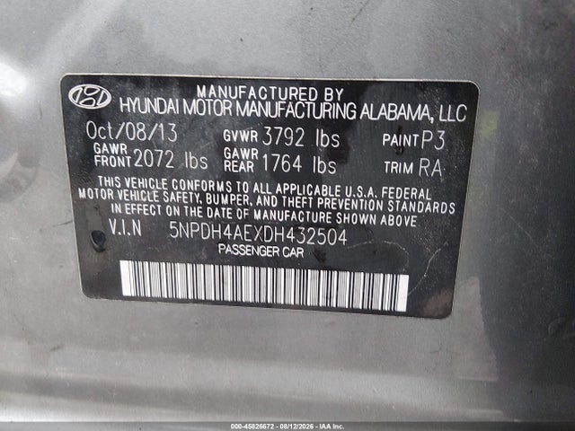 Продажа на аукционе авто 2013 Hyundai Elantra Gls, vin: 5NPDH4AEXDH432504, номер лота: 45826672