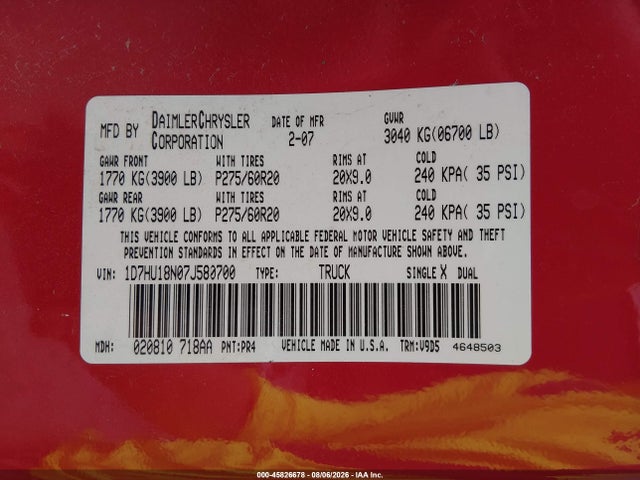 Aukcja sprzedaży 2007 Dodge Ram 1500 St/slt, vin: 1D7HU18N07J580700, numer aukcji: 45826678