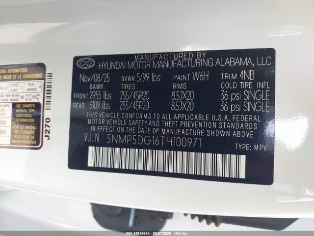 2026 Hyundai Santa Fe Hybrid Calligraphy მანქანა იყიდება აუქციონზე, vin: 5NMP5DG16TH100971, აუქციონის ნომერი: 45826684