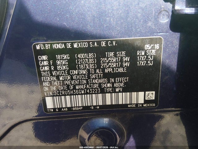 Продажа на аукционе авто 2016 Honda Hr-v Lx, vin: 3CZRU5H36GM743223, номер лота: 45826691