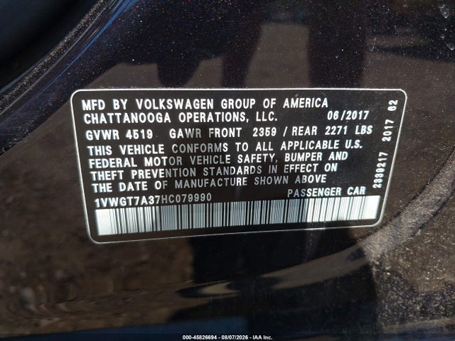 45826694 :رقم المزاد ، 1VWGT7A37HC079990 vin ، 2017 Volkswagen Passat 1.8t Se مزاد بيع