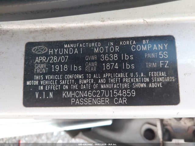 Продажа на аукционе авто 2007 Hyundai Accent Gls, vin: KMHCN46C27U154859, номер лота: 45826697
