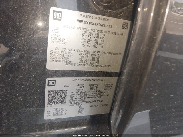 Продаж на аукціоні авто 2022 Chevrolet Silverado 1500 4wd  Short Bed Lt With 2fl, vin: 1GCPDKEK3NZ517658, номер лоту: 45826708