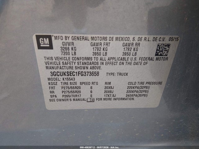 Aukcja sprzedaży 2015 Chevrolet Silverado 1500 Ltz, vin: 3GCUKSEC1FG373658, numer aukcji: 45826712