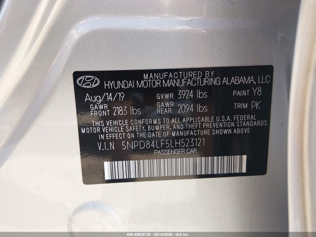 Aukcja sprzedaży 2020 Hyundai Elantra Value Edition, vin: 5NPD84LF5LH523121, numer aukcji: 45826720