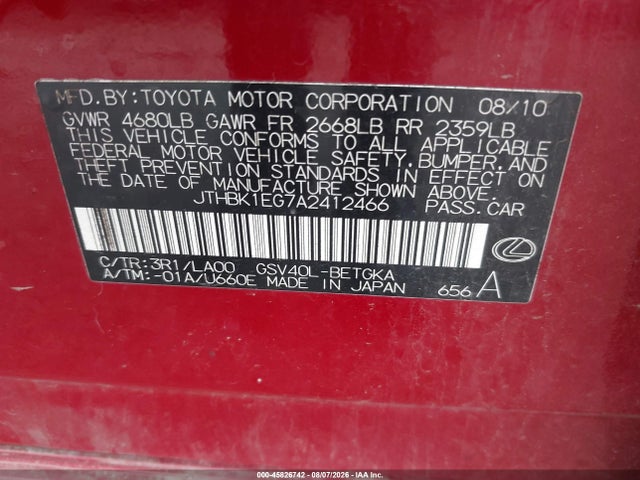 45826742 :رقم المزاد ، JTHBK1EG7A2412466 vin ، 2010 Lexus Es 350 مزاد بيع