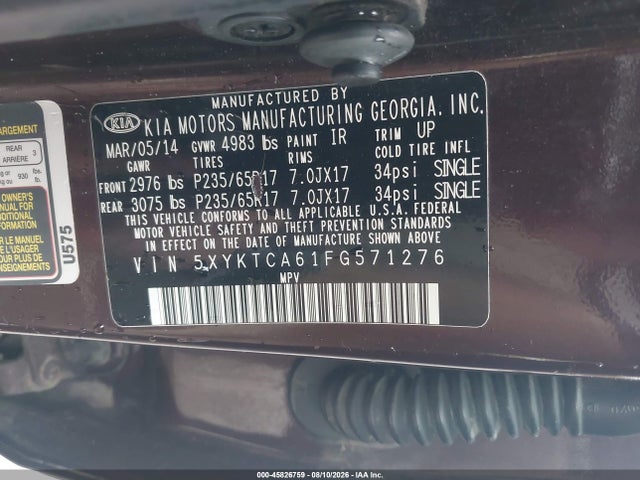 Aukcja sprzedaży 2015 Kia Sorento Lx, vin: 5XYKTCA61FG571276, numer aukcji: 45826759