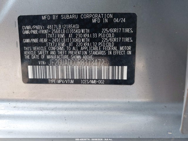 2024 Subaru Crosstrek Premium მანქანა იყიდება აუქციონზე, vin: JF2GUADC0R8373472, აუქციონის ნომერი: 45826776
