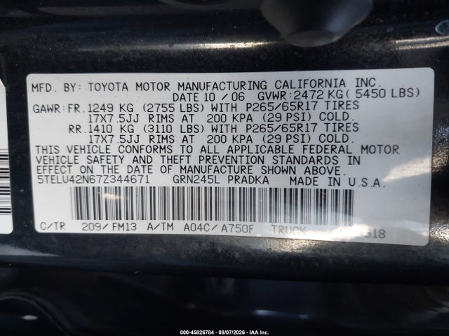 Продаж на аукціоні авто 2007 Toyota Tacoma Base V6, vin: 5TELU42N67Z344671, номер лоту: 45826784