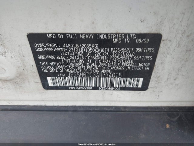 45826796 :رقم المزاد ، JF2SH6DC3AH734015 vin ، 2010 Subaru Forester 2.5x Limited مزاد بيع