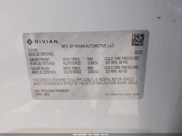 Продажа на аукционе авто 2023 Rivian R1s Launch Edition, vin: 7PDSGABL1PN006297, номер лота: 45826806