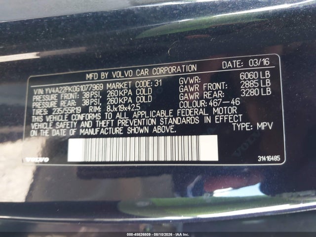 Aukcja sprzedaży 2016 Volvo Xc90 T6 Momentum, vin: YV4A22PK0G1077969, numer aukcji: 45826809