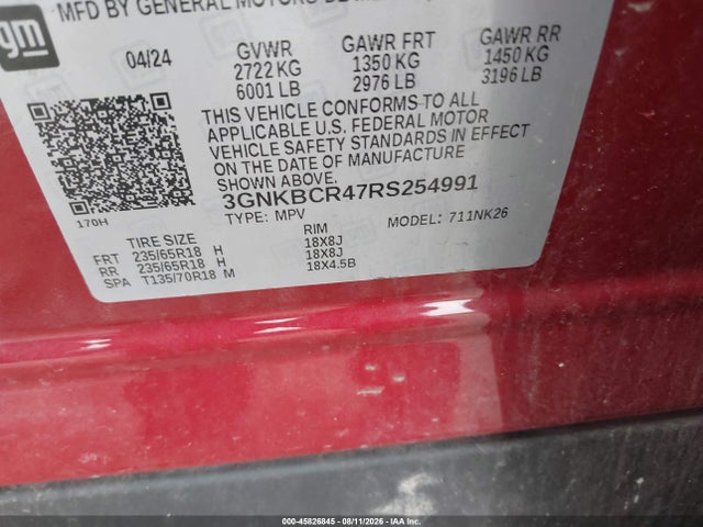 45826845 :رقم المزاد ، 3GNKBCR47RS254991 vin ، 2024 Chevrolet Blazer Fwd 2lt مزاد بيع