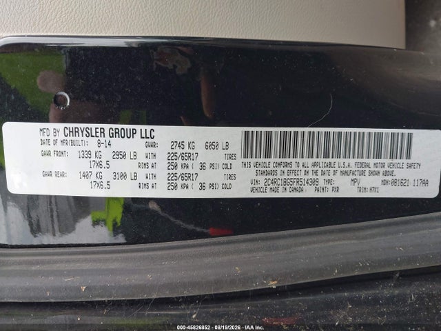 2015 Chrysler Town & Country Touring მანქანა იყიდება აუქციონზე, vin: 2C4RC1BG5FR514309, აუქციონის ნომერი: 45826852