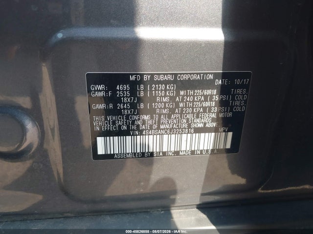 Продаж на аукціоні авто 2018 Subaru Outback 2.5i Limited, vin: 4S4BSANC6J3253816, номер лоту: 45826858