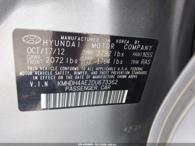 Aukcja sprzedaży 2013 Hyundai Elantra Gls, vin: KMHDH4AE2DU673362, numer aukcji: 45826860