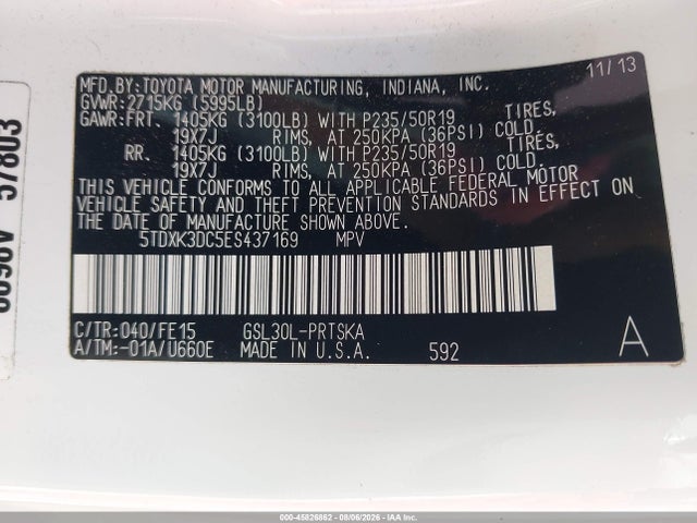 45826862 :رقم المزاد ، 5TDXK3DC5ES437169 vin ، 2014 Toyota Sienna Se 8 Passenger مزاد بيع