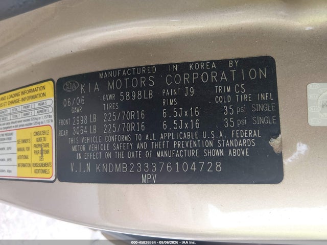 Продаж на аукціоні авто 2007 Kia Sedona Lx, vin: KNDMB233376104728, номер лоту: 45826864