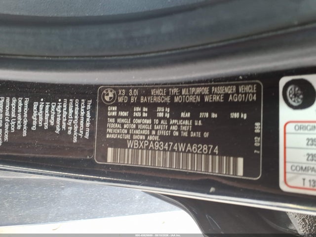 Продажа на аукционе авто 2004 Bmw X3 3.0i, vin: WBXPA93474WA62874, номер лота: 45826869