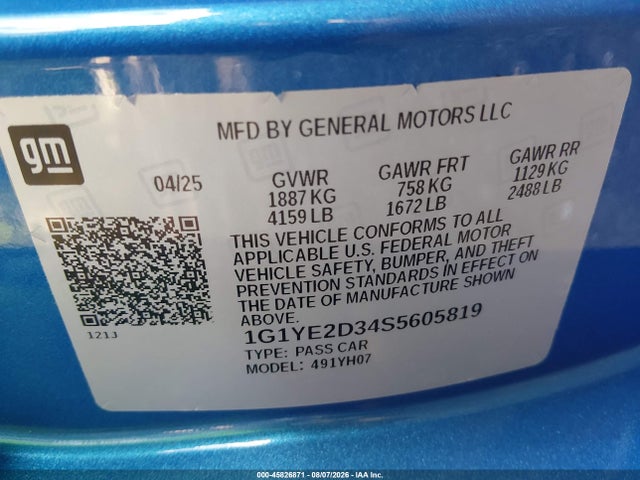 Продаж на аукціоні авто 2025 Chevrolet Corvette Z06 Rwd  2lz, vin: 1G1YE2D34S5605819, номер лоту: 45826871