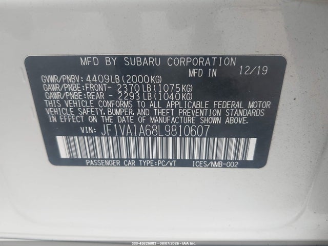 2020 Subaru Wrx მანქანა იყიდება აუქციონზე, vin: JF1VA1A68L9810607, აუქციონის ნომერი: 45826883