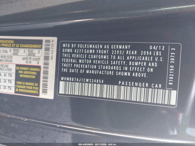 Aukcja sprzedaży 2012 Volkswagen Golf 2.5l 2-door, vin: WVWBB7AJ1CW324854, numer aukcji: 45826905