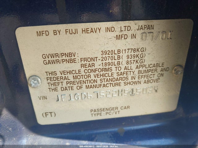 2002 Subaru Impreza Rs მანქანა იყიდება აუქციონზე, vin: JF1GD67522H515034, აუქციონის ნომერი: 45826912