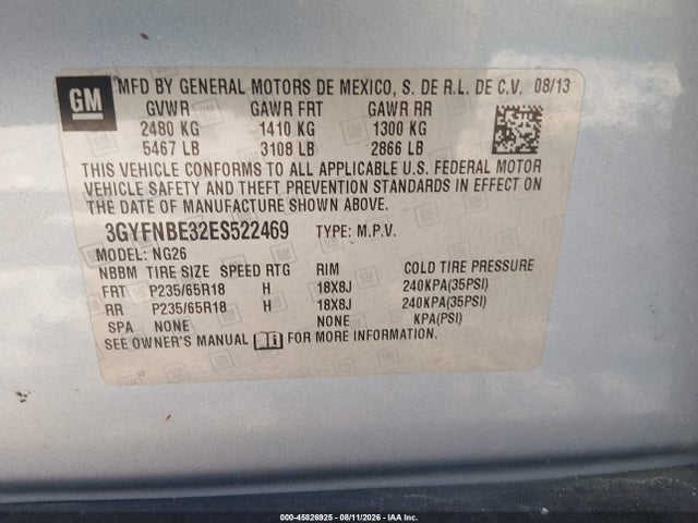 45826925 :رقم المزاد ، 3GYFNBE32ES522469 vin ، 2014 Cadillac Srx Luxury Collection مزاد بيع