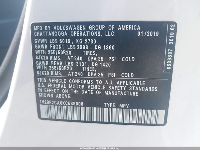 Aukcja sprzedaży 2019 Volkswagen Atlas 3.6l V6 Sel R-line, vin: 1V2RR2CA0KC539098, numer aukcji: 45826933