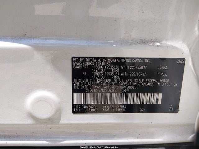 Aukcja sprzedaży 2022 Toyota Rav4 Xle, vin: 2T3W1RFV7NC206385, numer aukcji: 45826940