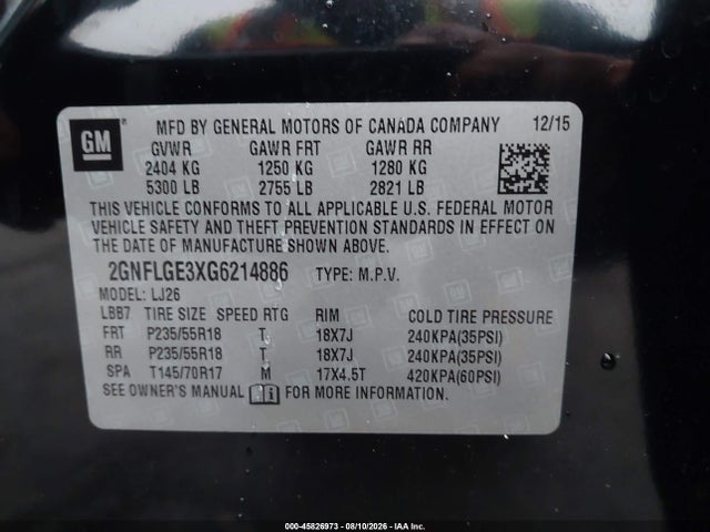 Продаж на аукціоні авто 2016 Chevrolet Equinox Ltz, vin: 2GNFLGE3XG6214886, номер лоту: 45826973